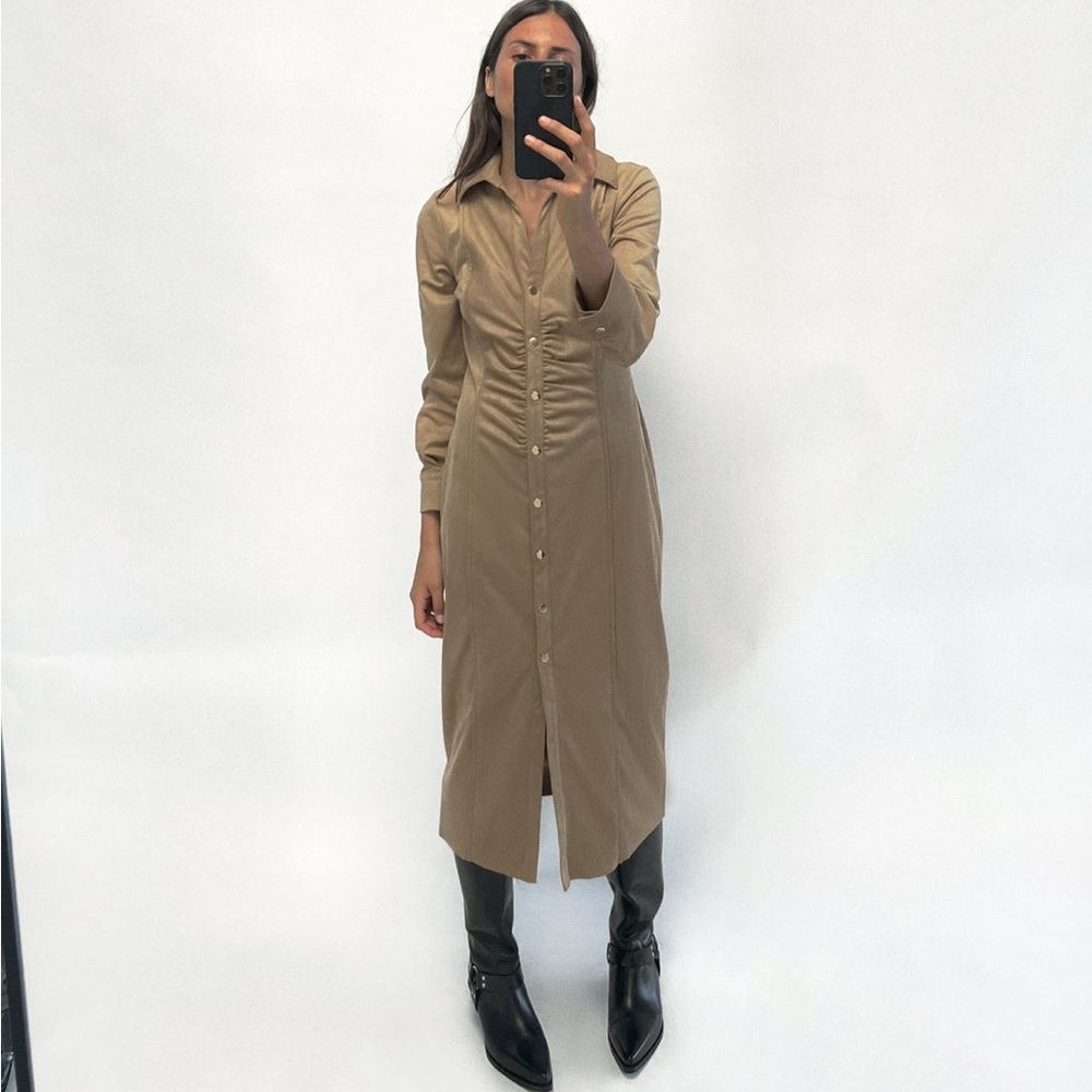 Zara Ruched Faux Suede Button Down Midi Dress